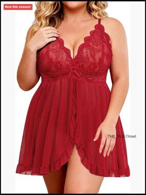 Plus Size Babydoll Lingerie Dress V Neck Front Closure Sexy Sleepwear Lace